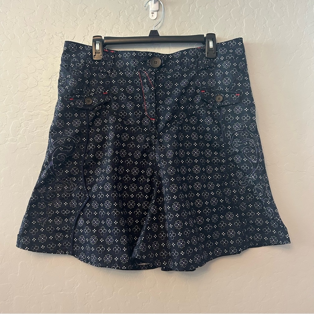 Oilily black and navy floral print embroidered skirt size 44 US 16